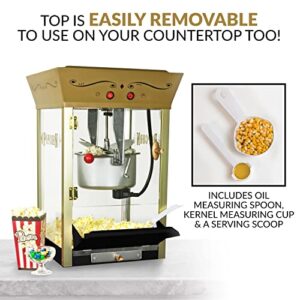 Nostalgia Popcorn Maker Professional Cart, 8 Oz Kettle Makes Up to 32 Cups, Vintage Movie Theater Popcorn Machine with Three Candy Dispensers and Interior Light, Measuring Spoons and Scoop, Black