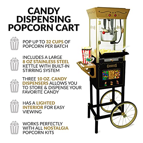 Nostalgia Popcorn Maker Professional Cart, 8 Oz Kettle Makes Up to 32 Cups, Vintage Movie Theater Popcorn Machine with Three Candy Dispensers and Interior Light, Measuring Spoons and Scoop, Black
