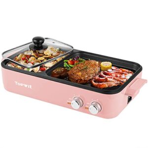 topwit electric hot pot with grill, 2 in 1 indoor non-stick hot pot electric with grill for steaks, shabu shabu, noodles, simmer and fry, korean bbq grill, independent dual temperature control, pink