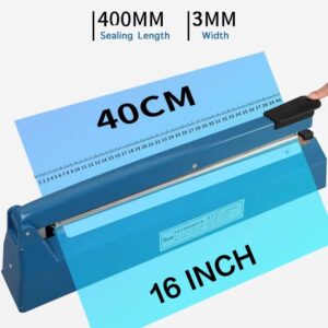 16 Inch Impulse Heat Sealer Manual Bags Sealer Sealing Machine Heating Closer for Plastic PE PP Mylar Poly Foil Bags Home Restaurant Food Storage with Extra Replace Element