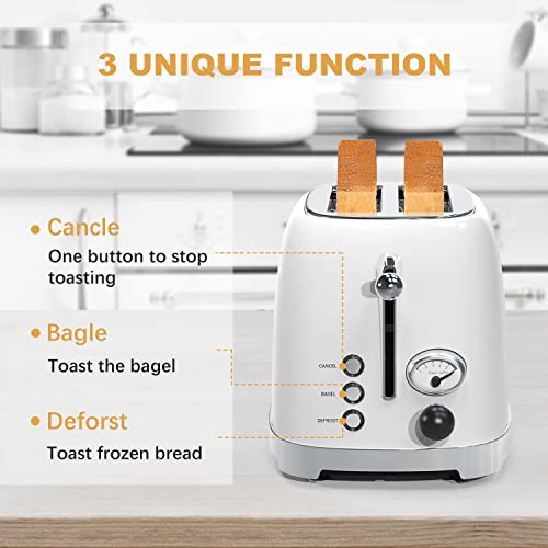 Toaster 2 Slice ,1.5"Extra Wide Slots Toaster,Retro Stainless Steel with Bagel, Cancel, Defrost, Reheat Function and 6-Shade Settings, Removal Crumb Tray (White)