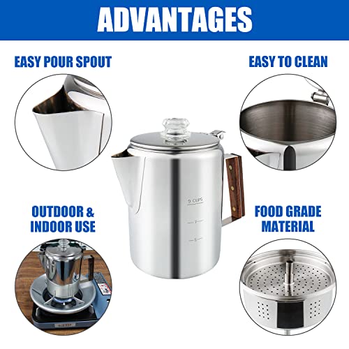 APOXCON Coffee Percolator, Camping Coffee Pot 9 Cups Stainless Steel Coffee Maker with Clear Top Glass Knob, Percolator Coffee Pot for Campfire or Stovetop Coffee Making Outdoor Traveling Fast Brew