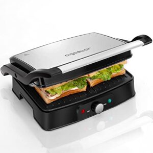 aigostar electric panini press, 1500w stainless steel sandwich maker with adjustable temperature setting, opens 180 degree indoor grill with non-stick plates, removable drip tray and indicator lights