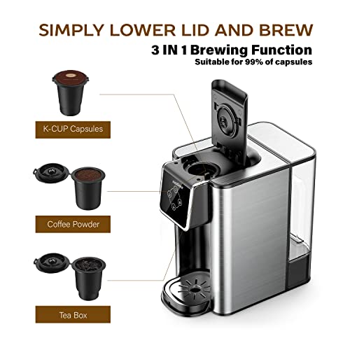 JoooDeee Single Serve 3 in 1 Coffee Brewer Coffee Maker with 50 oz. Reservoir, K-Cup Pods Compatible & Ground Coffee Tea Pods, Touch-Screen, 3 Brewing Options