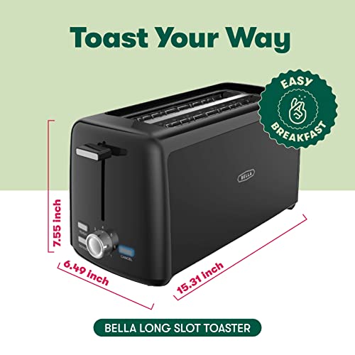 BELLA 4 Slice Toaster, Long Slot & Removable Crumb Tray - 7 Shading Options with Auto Shut Off, Cancel & Reheat Button - Toast Bread & Bagel, Black