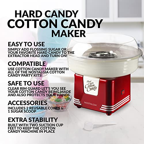 Nostalgia Retro Countertop Cotton Candy Maker, Vintage Candy Machine for Hard Candy & Flossing Sugar, Includes 2 Reusable Cones and Scoop, Retro Red