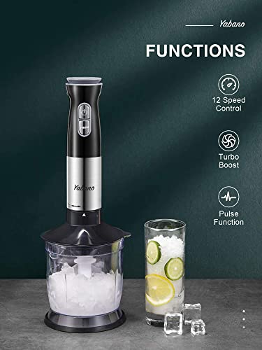 Hand Blender, Handheld Blender Electric, 5-in-1 Multifunctional Immersion Blender, 12 Speed and Turbo Mode, Stainless Steel Blade with Whisk, Chopper/Grinder Bowl and Beaker/Measuring Cup, by Yabano (4 in 1)