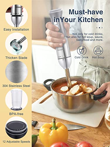 Hand Blender, Handheld Blender Electric, 5-in-1 Multifunctional Immersion Blender, 12 Speed and Turbo Mode, Stainless Steel Blade with Whisk, Chopper/Grinder Bowl and Beaker/Measuring Cup, by Yabano (4 in 1)