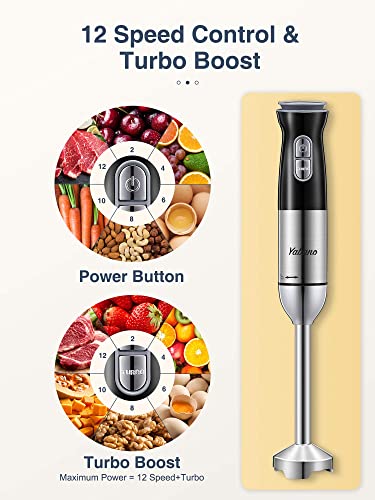 Hand Blender, Handheld Blender Electric, 5-in-1 Multifunctional Immersion Blender, 12 Speed and Turbo Mode, Stainless Steel Blade with Whisk, Chopper/Grinder Bowl and Beaker/Measuring Cup, by Yabano (4 in 1)