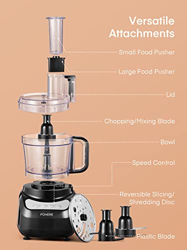 FOHERE Food Processor, 12 Cup, 4 Functions for Chopping, Slicing, Purees & Dough, Black