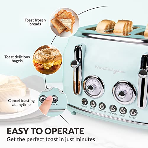 Nostalgia Classic 4-Slice Wide Slot Toaster, Retro Vintage Design With Six Toasting Settings & Removable Crumb Tray, Aqua