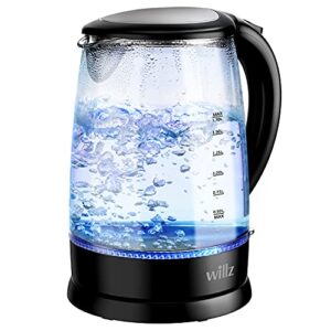 willz electric glass kettle with heat resistant handle and cordless pour, quick boil & auto shut-off technology, blue boil light, 1.7l, 1500 w, black