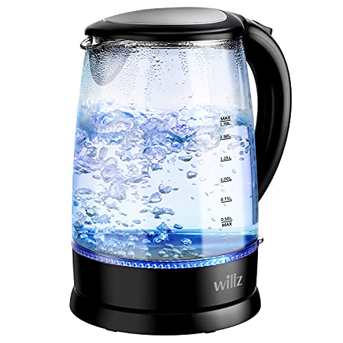 Willz Electric Glass Kettle with Heat Resistant Handle and Cordless Pour, Quick Boil & Auto Shut-Off Technology, Blue Boil Light, 1.7L, 1500 W, Black