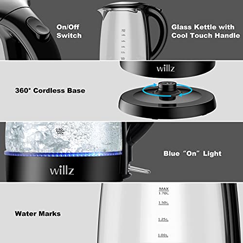 Willz Electric Glass Kettle with Heat Resistant Handle and Cordless Pour, Quick Boil & Auto Shut-Off Technology, Blue Boil Light, 1.7L, 1500 W, Black