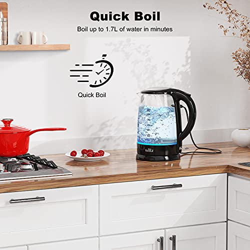 Willz Electric Glass Kettle with Heat Resistant Handle and Cordless Pour, Quick Boil & Auto Shut-Off Technology, Blue Boil Light, 1.7L, 1500 W, Black