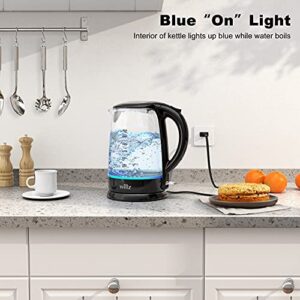 Willz Electric Glass Kettle with Heat Resistant Handle and Cordless Pour, Quick Boil & Auto Shut-Off Technology, Blue Boil Light, 1.7L, 1500 W, Black