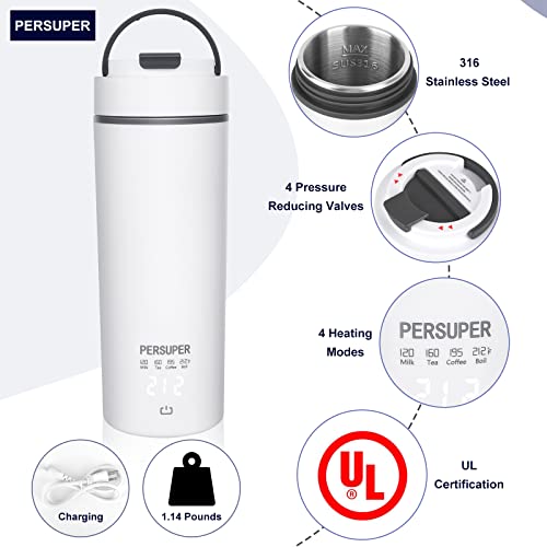 PERSUPER Portable Kettle Electric Travel Kettle 400ML Fast Boil Auto Shut-off Coffee Tea Kettle Keep Warm Function Dry Protection 316 Stainless Steel 450ML(max)