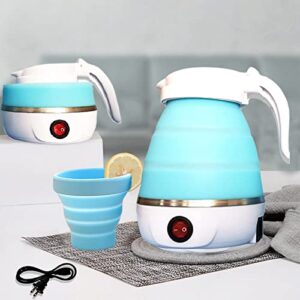 travel kettle foldable electric travel tea kettle food grade silicone collapsible water boiler for coffee tea etc,easy for storage with separable power cord and handle boil dry protection (blue)