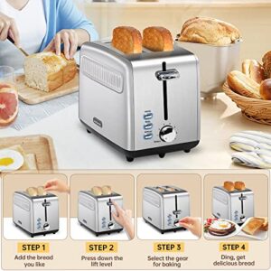 SEEDEEM Toaster 2 Slice, Stainless Steel Bread Toaster, 7 Shade Settings, 1.5'' Extra Wide Slots Toaster with Bagel, Defrost, Reheat Function, Automatic Power-off, Removable Crumb Tray, 900W, Silver Metallic