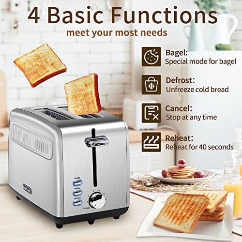 SEEDEEM Toaster 2 Slice, Stainless Steel Bread Toaster, 7 Shade Settings, 1.5'' Extra Wide Slots Toaster with Bagel, Defrost, Reheat Function, Automatic Power-off, Removable Crumb Tray, 900W, Silver Metallic