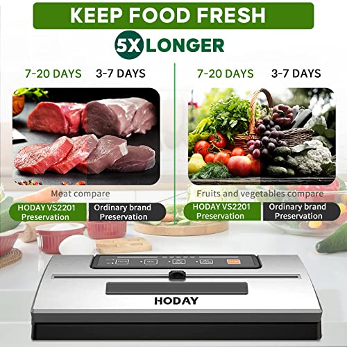 Vacuum Sealer Machine, HODAY Food Sealer with Built-in Cutter, Dry Moist Mode, Easy to Clean, Automatic Vacuum Sealer Machine Food Storage Machine, Compact Design, Includes 2 Bag Rolls 8”x7’ and 11”x10’