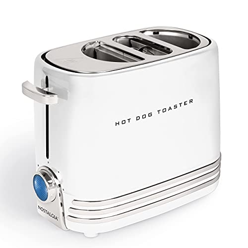 Nostalgia HDT900WHT Pop-Up 2 Hot Dog and Bun Toaster With Mini Tongs, Works with Chicken, Turkey, Veggie Links, Sausages and Brats, White
