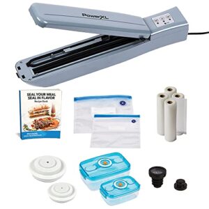powerxl duo nutrisealer food vacuum sealer machine with vacuum seal bags & rolls, double airtight sealing with built-in cutter, small snack bag capability, led indicator lights (slate deluxe)