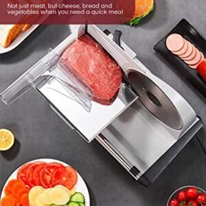 FOHERE 200W Meat Slicer for Home Use, Electric Food Slicer with Two 7.5" Sharp Stainless Steel Blade(Serrated + Smooth) & 0-15mm Precise Thickness Cut Deli Food, Meat, Bread, Fruit, Vegetable, Silver