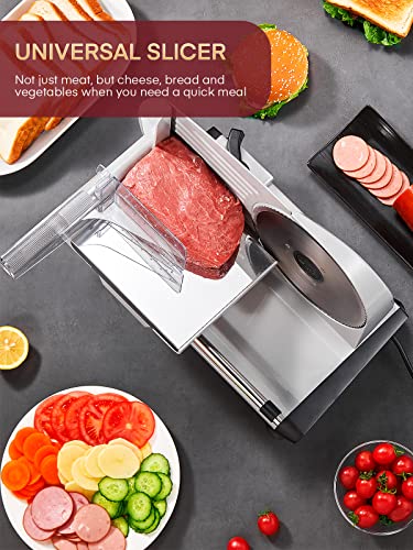 FOHERE 200W Meat Slicer for Home Use, Electric Food Slicer with Two 7.5" Sharp Stainless Steel Blade(Serrated + Smooth) & 0-15mm Precise Thickness Cut Deli Food, Meat, Bread, Fruit, Vegetable, Silver