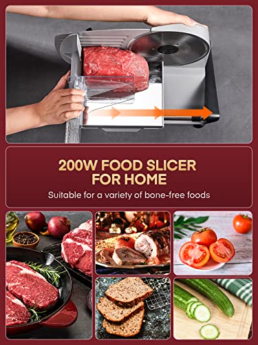 FOHERE 200W Meat Slicer for Home Use, Electric Food Slicer with Two 7.5" Sharp Stainless Steel Blade(Serrated + Smooth) & 0-15mm Precise Thickness Cut Deli Food, Meat, Bread, Fruit, Vegetable, Silver