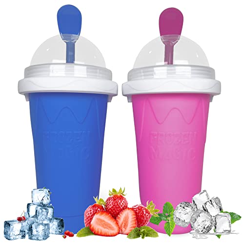 2 Pcs Slushie Maker Cup, Magic Quick Frozen Smoothies Cup Double Layer Squeeze Cup Homemade Milk Shake Ice Cream Maker Cooling Cup DIY for Family (Blue+Red)