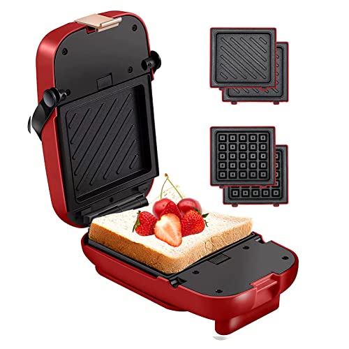 Panini Press with Timer, 2 in 1 Sandwich Maker & Waffle Maker, Electric Grill with Non-stick Coating & Removale Plates, Mini Sandwich Maker for Brunch (red)