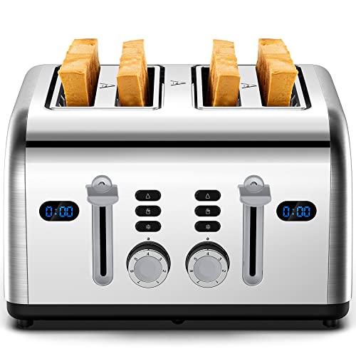 Toaster 4 Slice, REDMOND Stainless Steel Retro Toaster with LED Countdown Timer and Removable Crumb Tray, Dual Control Panel, Reheat Defrost Cancel Function, High Lift Lever, Silver