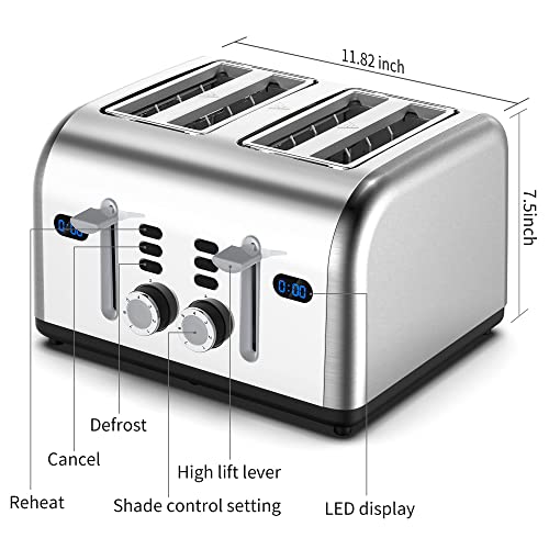 Toaster 4 Slice, REDMOND Stainless Steel Retro Toaster with LED Countdown Timer and Removable Crumb Tray, Dual Control Panel, Reheat Defrost Cancel Function, High Lift Lever, Silver