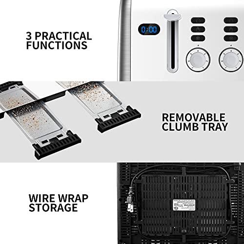 Toaster 4 Slice, REDMOND Stainless Steel Retro Toaster with LED Countdown Timer and Removable Crumb Tray, Dual Control Panel, Reheat Defrost Cancel Function, High Lift Lever, Silver