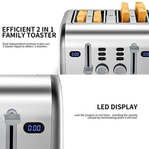 Toaster 4 Slice, REDMOND Stainless Steel Retro Toaster with LED Countdown Timer and Removable Crumb Tray, Dual Control Panel, Reheat Defrost Cancel Function, High Lift Lever, Silver