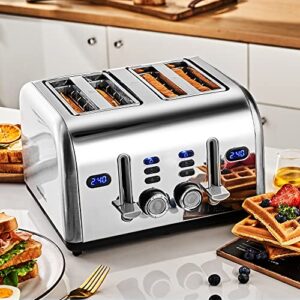 Toaster 4 Slice, REDMOND Stainless Steel Retro Toaster with LED Countdown Timer and Removable Crumb Tray, Dual Control Panel, Reheat Defrost Cancel Function, High Lift Lever, Silver