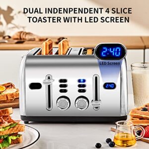 Toaster 4 Slice, REDMOND Stainless Steel Retro Toaster with LED Countdown Timer and Removable Crumb Tray, Dual Control Panel, Reheat Defrost Cancel Function, High Lift Lever, Silver