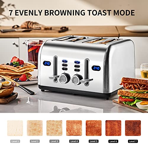 Toaster 4 Slice, REDMOND Stainless Steel Retro Toaster with LED Countdown Timer and Removable Crumb Tray, Dual Control Panel, Reheat Defrost Cancel Function, High Lift Lever, Silver