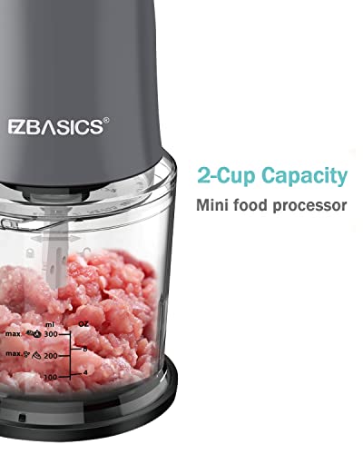 Food Processor, EZBASICS Small Food Processor for Vegetables, Meat, Fruits, Nuts, 2 Speed Mini Food Chopper With Sharp Blades, 2-Cup Capacity, Silver