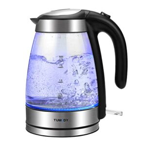 glass electric kettle, tumidy 1.7l 1500w fast boiling hot water boiler auto-shutoff and boil-dry protection, led lights, comfy touch handle wide opening cordless tea heater making tea coffee, black
