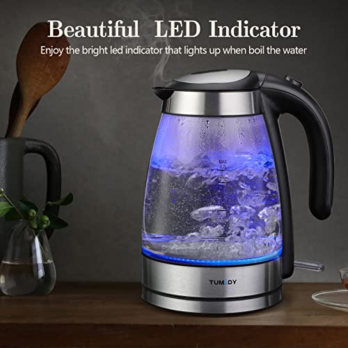 Glass Electric Kettle, TUMIDY 1.7L 1500W Fast Boiling Hot Water Boiler Auto-Shutoff and Boil-Dry Protection, LED Lights, Comfy Touch Handle Wide Opening Cordless Tea Heater making Tea Coffee, Black