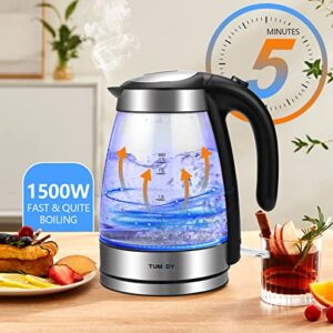 Glass Electric Kettle, TUMIDY 1.7L 1500W Fast Boiling Hot Water Boiler Auto-Shutoff and Boil-Dry Protection, LED Lights, Comfy Touch Handle Wide Opening Cordless Tea Heater making Tea Coffee, Black