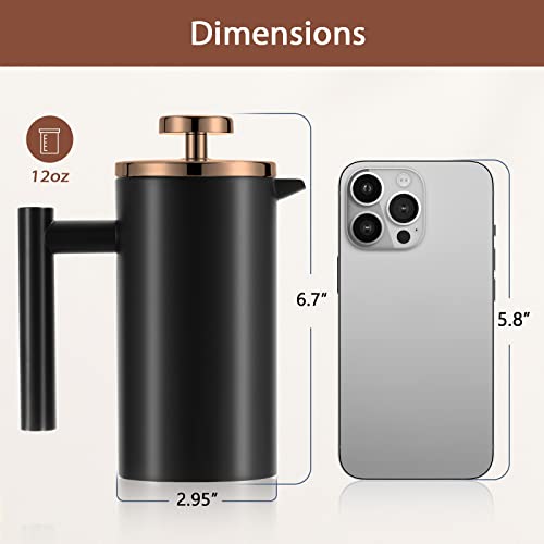 Meelio Black French Press Coffee Maker 12oz, Stainless Steel Double Wall Insulated Coffee Press with Rose Gold Metal Lid, Included 2 Extra Screens and 1 Coffee Spoon, 350ml