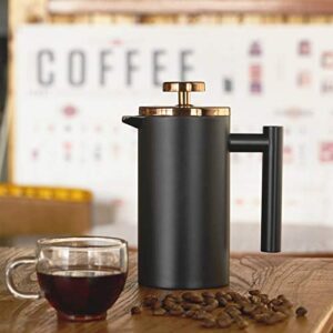 Meelio Black French Press Coffee Maker 12oz, Stainless Steel Double Wall Insulated Coffee Press with Rose Gold Metal Lid, Included 2 Extra Screens and 1 Coffee Spoon, 350ml