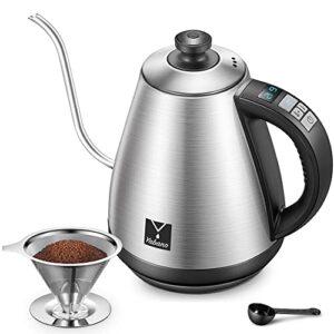 electric gooseneck pour over coffee kettle with coffee dripper, yabano variable temperature control kettle for drip coffee and tea, stainless steel, led display, auto shut-off and keep warm, 1000w