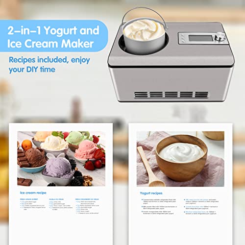 KUMIO Ice Cream Maker with Compressor, No Pre-Freezing, 2 Quart Stainless Steel Ice Cream Maker Machine with LCD Display, Timer, 2 in 1 Ice Cream Yogurt Machine, Electric Fruit Yogurt Machine, 180W