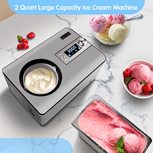 KUMIO Ice Cream Maker with Compressor, No Pre-Freezing, 2 Quart Stainless Steel Ice Cream Maker Machine with LCD Display, Timer, 2 in 1 Ice Cream Yogurt Machine, Electric Fruit Yogurt Machine, 180W