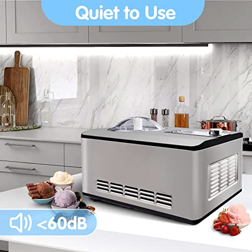 KUMIO Ice Cream Maker with Compressor, No Pre-Freezing, 2 Quart Stainless Steel Ice Cream Maker Machine with LCD Display, Timer, 2 in 1 Ice Cream Yogurt Machine, Electric Fruit Yogurt Machine, 180W