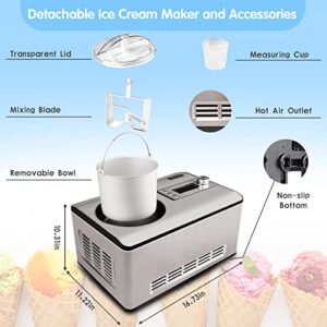 KUMIO Ice Cream Maker with Compressor, No Pre-Freezing, 2 Quart Stainless Steel Ice Cream Maker Machine with LCD Display, Timer, 2 in 1 Ice Cream Yogurt Machine, Electric Fruit Yogurt Machine, 180W